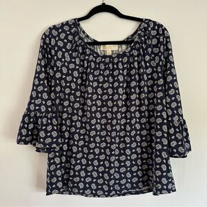 Michael Kors Woman’s Top Size L Paisley Design Blue/White Bell Sleeves Cotton